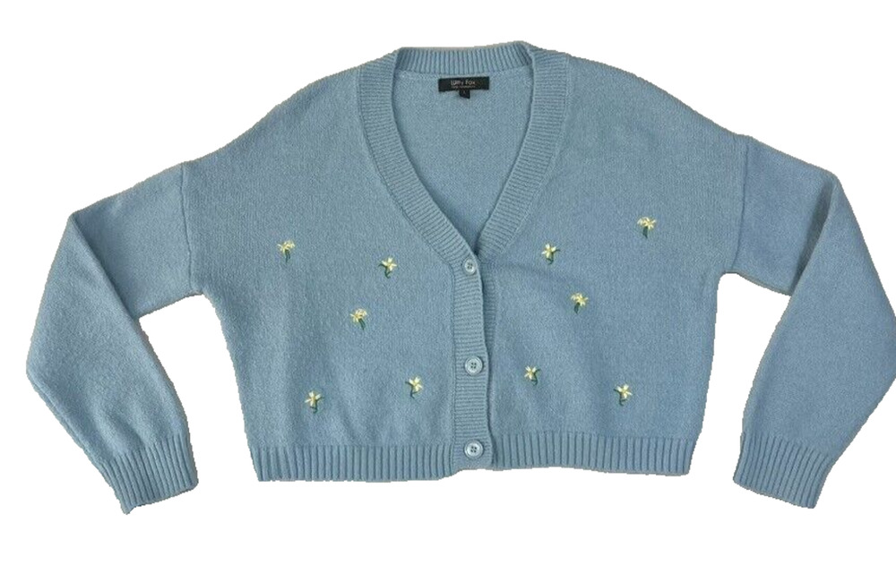 Witty Fox Cardigan Sweater L Blue Ditzy Yellow Flowers Boxy Drop Shoulder